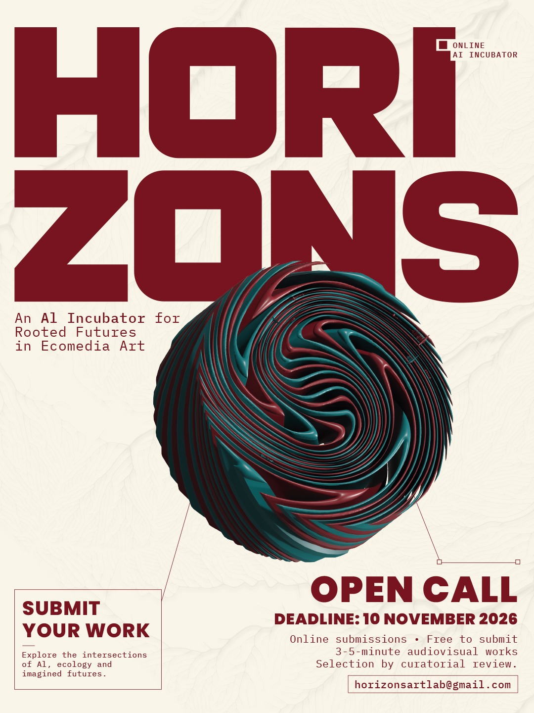 AI Incubator open call poster — sculptural sphere